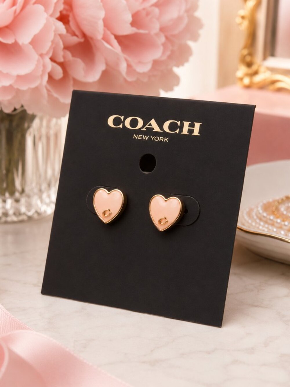 Coach Heart Logo Stud Earrings Pink Enamel Gold Tone NWT